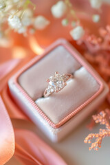 closeup photo of a diamond ring with a heart shaped design, in a satin pastel pink ring gift box, on a table with romantic modern pastel decor.