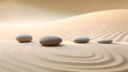 Photo sur Aluminium Pierres dans le sable Zen stones with lines on the sand. Spa therapie and meditation concept