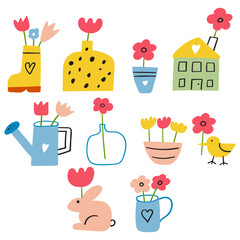 Spring. Hand drawn isolated icons. Flat design. Vector graphic design