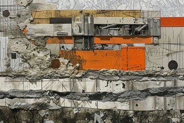Abstract Urban Texture with Orange Accents in Mixed Media Artwork