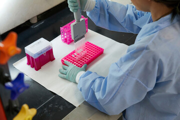 Tools and containers in a medical lab, work being done with pipette and samples