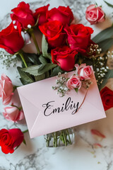 A flatlay photo of the back of a pink envelope with the handwritten word "Emily" written on it in cursive, lying on a table with red roses in a vase, in a pastel home.