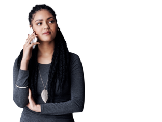 Woman, phone call and communication at startup for contract or deal with consultant on png transparent background. Corporate contact, networking and b2b at consultancy agency with conversation