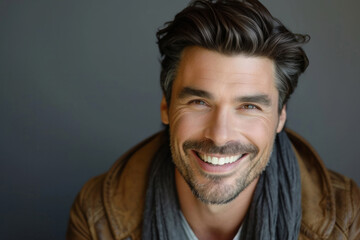 Fototapeta premium Handsome 40 age man happy face smiling looking at the camera, mature age man. Isolated on black background, copy space. bright smile on your face. Man looking at camera