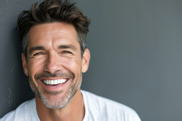 Obraz premium Handsome 40 age man happy face smiling looking at the camera, mature age man. Isolated on black background, copy space. bright smile on your face. Man looking at camera