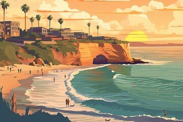 Detailed Matte Painting of Beach with Sunset Panorama - Seaside Harmony - obrazy, fototapety, plakaty