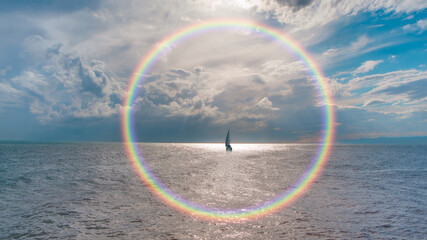 Yacht sailing in open sea at stormy day with rainbow - Anchored sailing yacht on calm sea with...