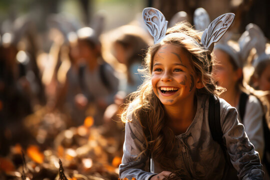 A delighted young girl with bunny ears and face paint smiles during an outdoor Easter egg hunt.