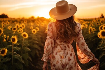Bohemian Woman at Sunset in Wide-Brim Hat

