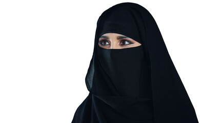 Woman, muslim and fashion with traditional niqab hijab, scarf or religion on a transparent PNG...