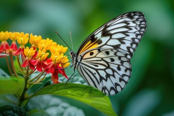 Obraz premium A close-up of a butterfly perched on a colorful flower 