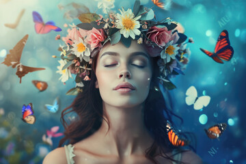 Black Woman in Harmony with Nature and Fluttering Butterflies
