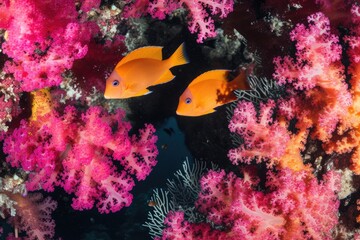 a coral reef teeming with marine life, yellow tang fish