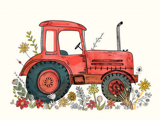 Tractor illustration on a white background in hand drawing style
