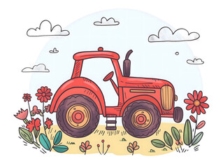 Illustration of a cartoon tractor with flowers on a background of sky and clouds in hand drawing style