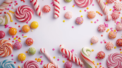 Assorted gummy candies. Top view. Jelly  sweets. Colorful lollipops and different colored round candy. Top view. Colorful candy and fruit jelly jujube on a white background. colorful swirl lollipop. 