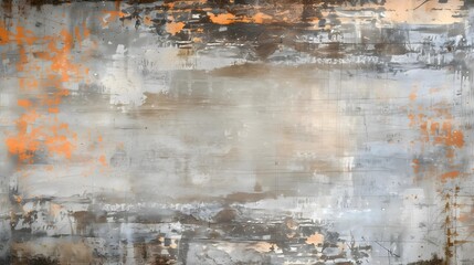 Obraz premium Abstract expressionist painting with vibrant orange splashes on a muted gray backdrop, ideal for creative backgrounds.