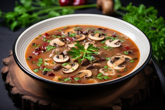 a bowl of soup with mushrooms and parsley
