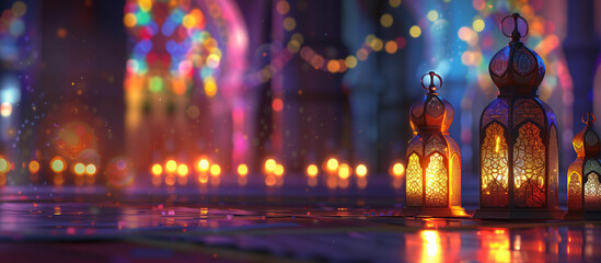 Ramadan kareem or eid mubarak,eid ul fitr or eid ul adha, Lantern landscape Islamic Background Banner holographic  with Mosque and Shiny Stars