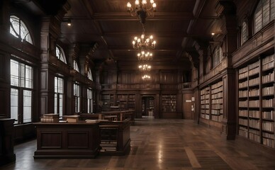 3D render of an old wooden library with a wooden floor.