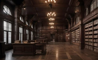 Papier Peint photo autocollant Vielles portes 3D render of an old wooden library with a wooden floor.