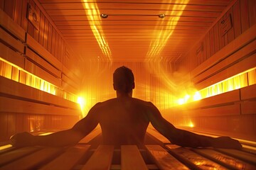 A man steams in a hot sauna. A man in a bathhouse. - obrazy, fototapety, plakaty