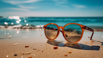 Fototapeta na wymiar sunglasses in the sand on the beach in summer