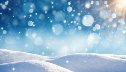 winter snow background with snowdrifts with beautiful light and snow flakes on the blue sky beautiful bokeh circles banner format copy space