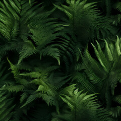 Green fern leaves on black background. Seamless pattern.