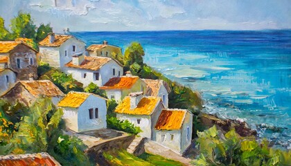 oil painting on canvas of a beautiful houses near the sea abstr