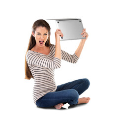 Portrait, rage and woman breaking laptop in anger isolated on transparent background with...
