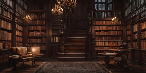 Old library interior with bookshelf and wooden floor. 3d rendering