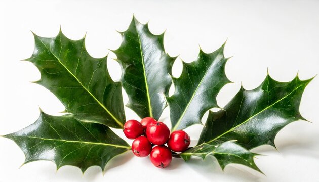 a collection of smooth and spiky green holly leaves with red berries for christmas decoration isolated against a white background