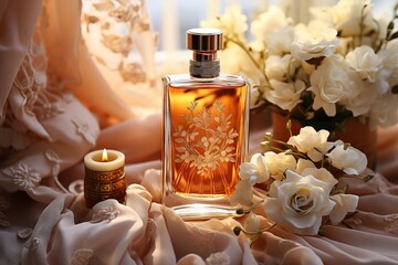 Floral perfume in a transparent decorative bottle surrounded by a bouquet of roses and silk fabric, close-up. Concept: oil, essential oil, jasmine, rose, neroli, royal boudoir, luxury