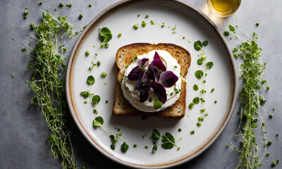 Toast with cream cheese and microgreens, top view, on a white plate, on a light gray background