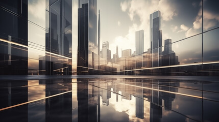 Fototapeta na wymiar Modern glass buildings with city skyline reflections