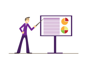 Happy Successful Businessman Smiling and Showing Presentation. Doing business and success concept vector art