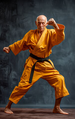 A senior man with yellow karate kimono and black belt in defensive position - 736008965