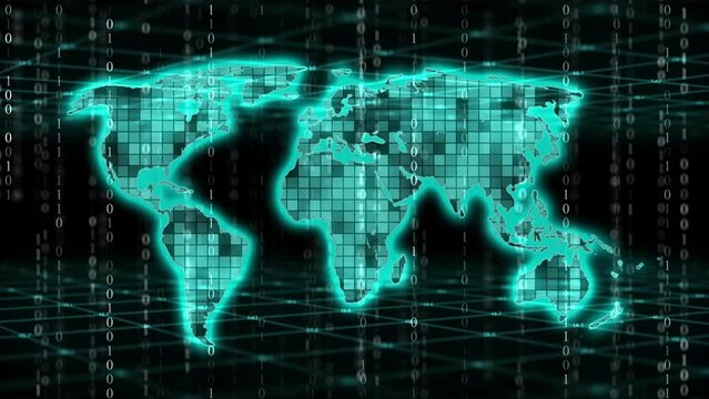 Cg footage against the background of parallel receding coordinate systems, a schematic map of the world made of neon turquoise squares with vertical lines of binary code digits