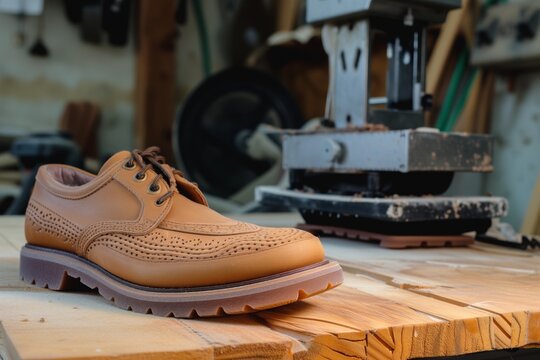 attaching a rubber sole with a shoe press in the background
