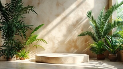 A neutral beige background with shadow and palm leaves. A square podium for presenting a cosmetic product. An empty square podium.