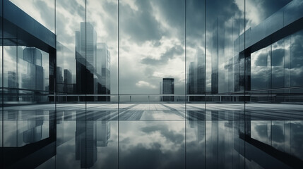 Modern glass buildings with city skyline reflections - obrazy, fototapety, plakaty