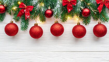 Fototapeta na wymiar christmas composition garland made of red balls and fir tree branches on white background christmas winter new year concept flat lay top view copy space