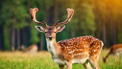 Naklejka na ściany i meble fallow fallow deer dama dama beautiful natural background with animals forest and sunset