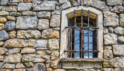 a window with bars on the old castle is shot close up
