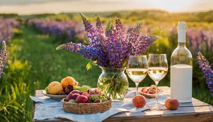 Obraz na płótnie Canvas romantic table decor for a loving couple on the blooming meadow with purple lupines two glasses of wine flowers in a vase silverware fruits wooden furniture and picnic basket sunset golden hour