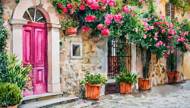 Fototapeta watercolor house pink door and old building wall vintage home and blossom flowers provence france or tuscany italy illustration in watercolor style cute summer house