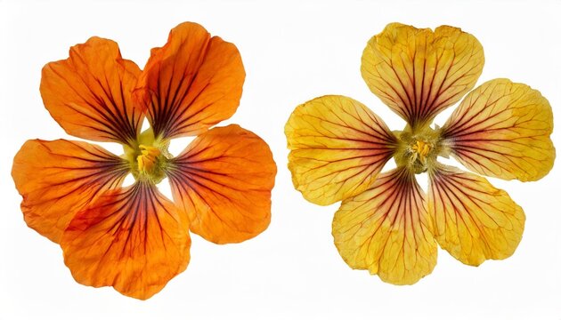 pressed and dried delicate orange yellow flowers nasturtium tropaeolum isolated on white background for use in scrapbooking floristry or herbarium