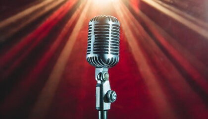 vintage metal microphone on a red background with a spotlight concept performance stage and stand up show