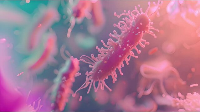 Bacterias abstract 3d graphics. Abstract organic cells, Escherichia coli, Pseudomonas aeruginosa or Mycobacterium tuberculosis under microscope. Medicine and science concept. Microbiology, laboratory
